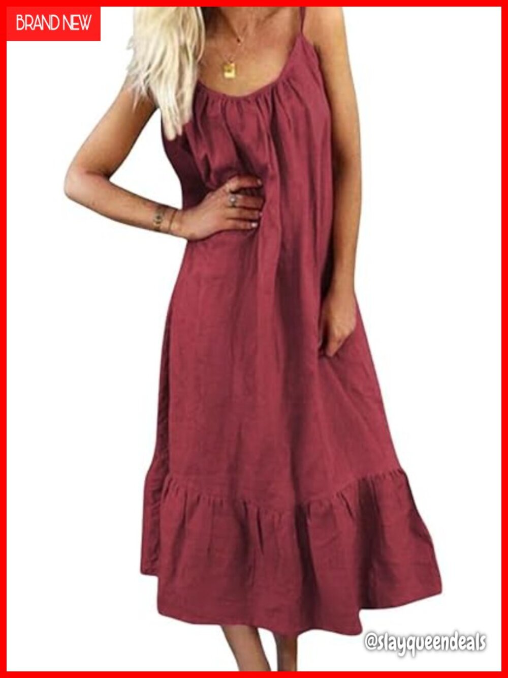 Cotton Linen Spaghetti Strap Beach Dress Casual Loose A-Line Midi Sundress - Picture 1 of 2